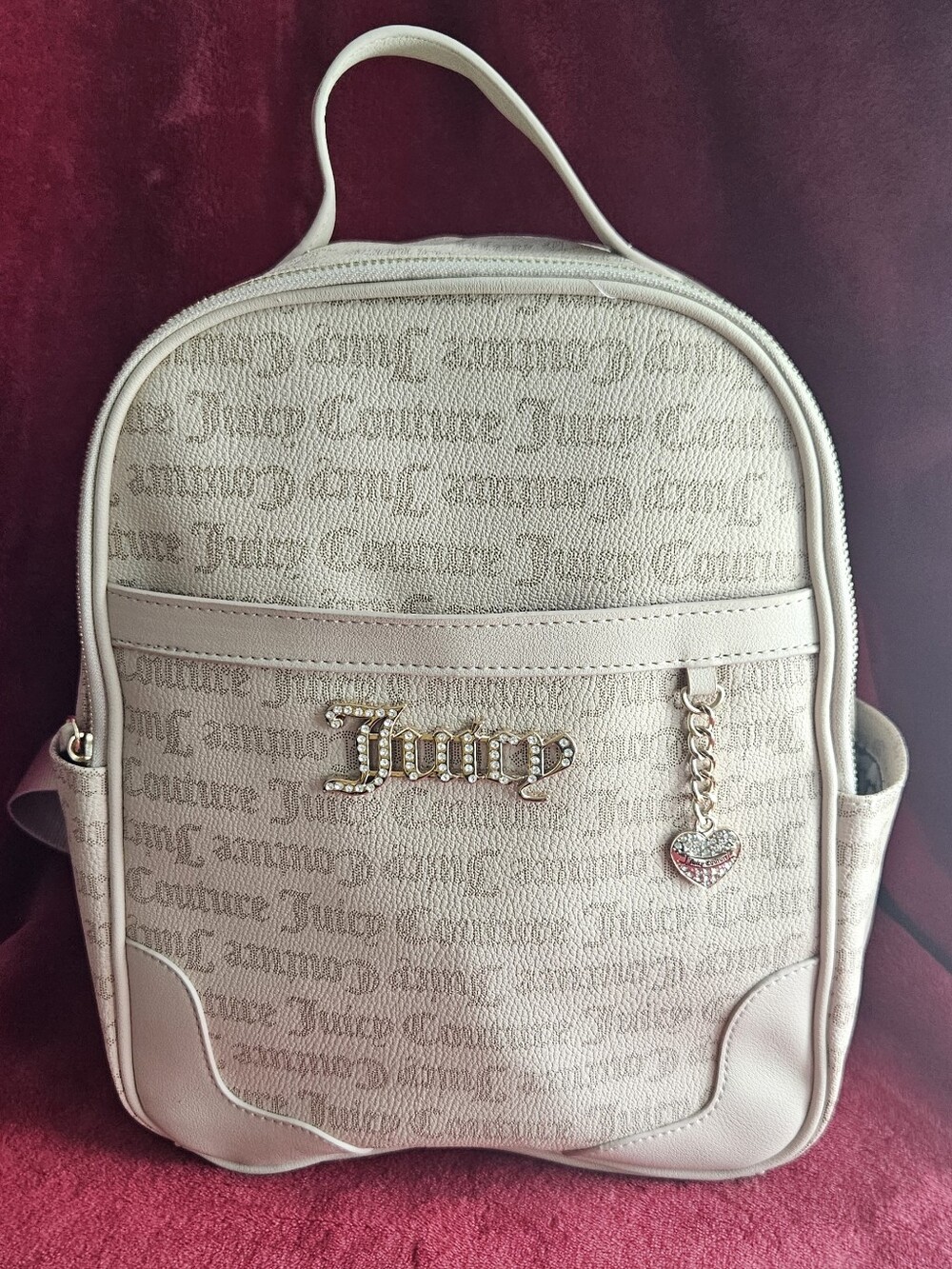 Juicy Couture Cream Signature Pattern/Rhinestone Logo & Heart Charm Backpack